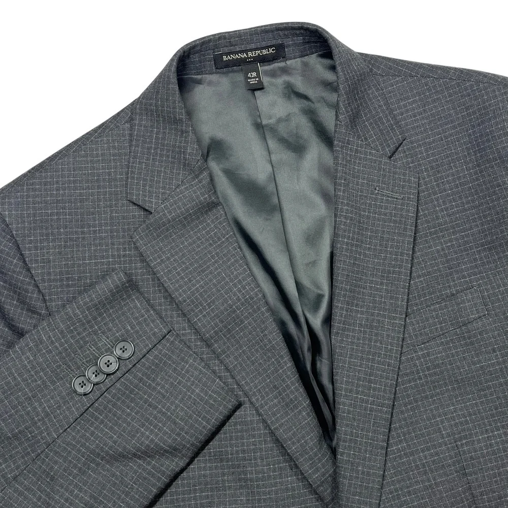 Banana Republic Blazer Mens 42R Grey Micro Check Stretch 2-Button Suit‎ Jacket
